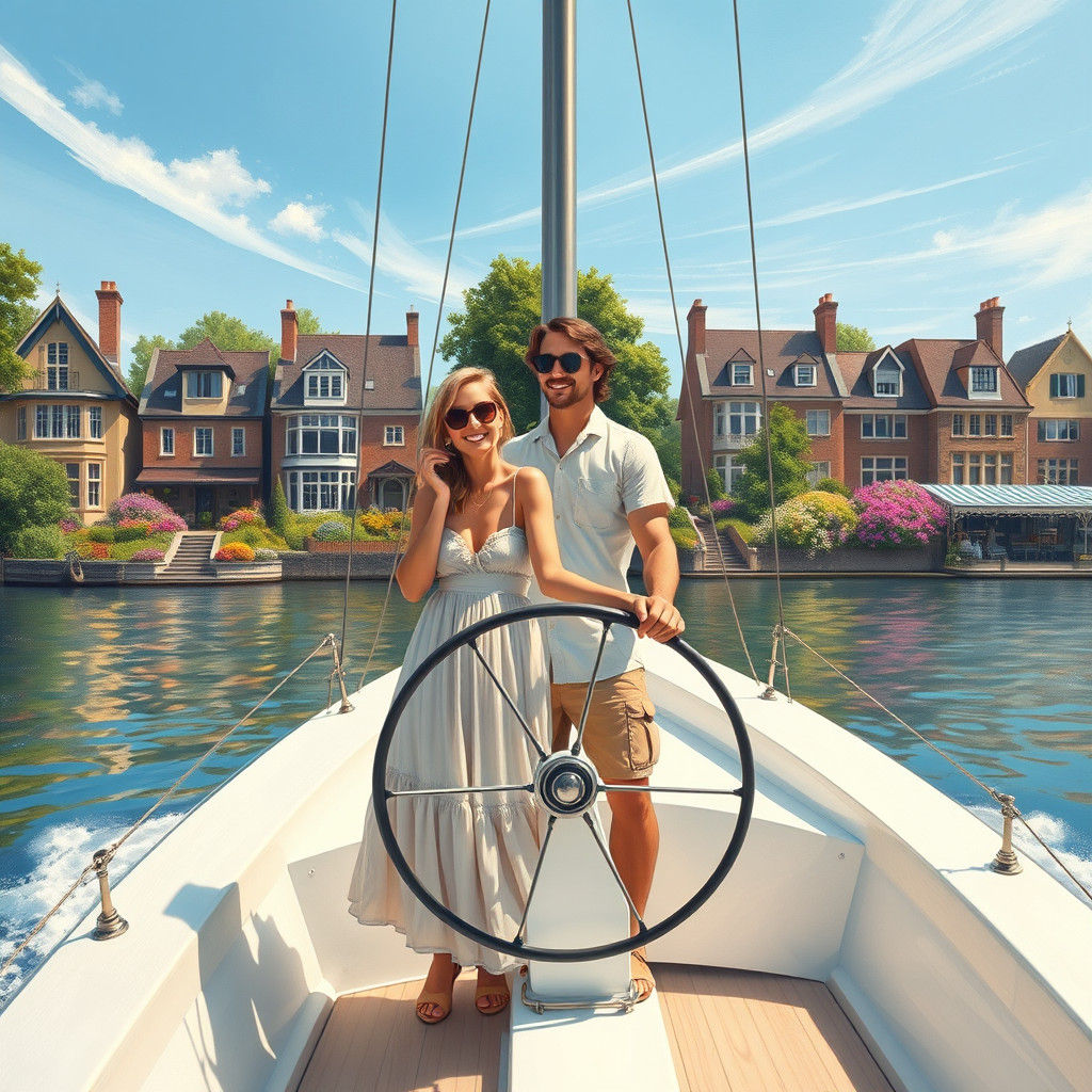 Idyllic River Scene with Couple Sailing in Impressionist Sty...