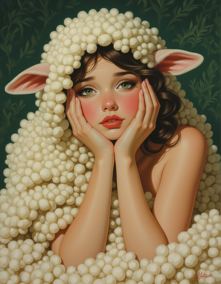 Embarrassed Lamb-Woman Hiding After Shearing: Pin-Up Art