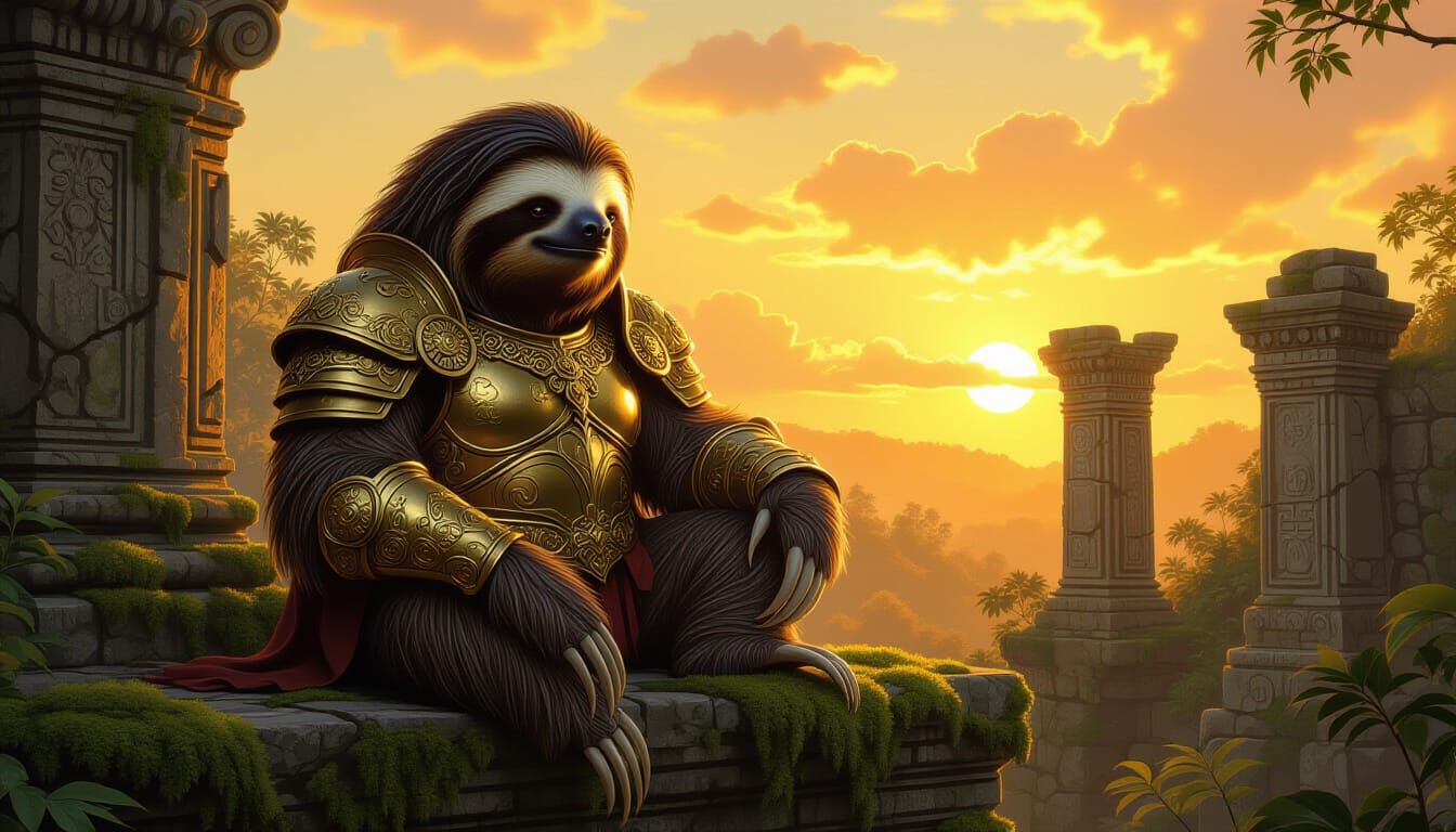 Sloth King in Golden Armor on Ancient Ruins