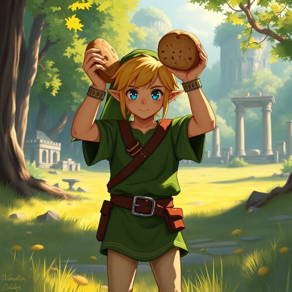 Link Holding Fresh Bread in Sun-Dappled Forest