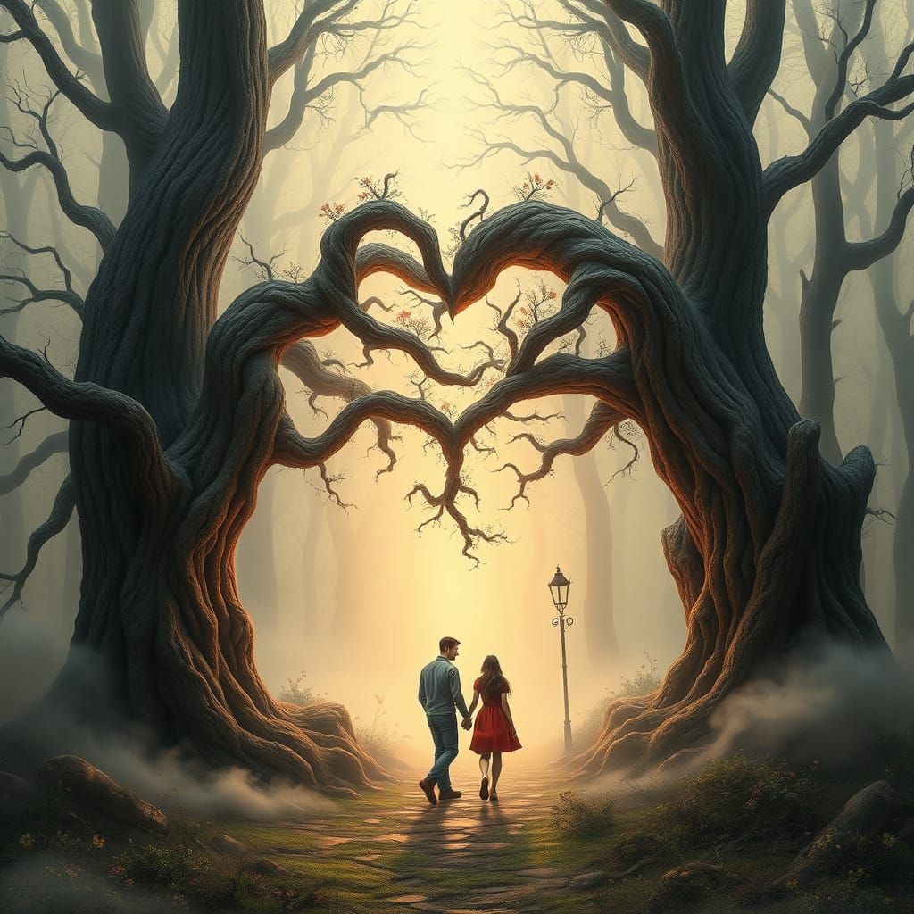 Ethereal Couple Surrounded by Whimsical Fractal Forest