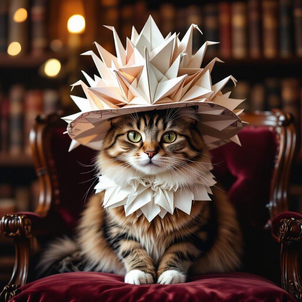 Regal Cat in Origami Crane Hat