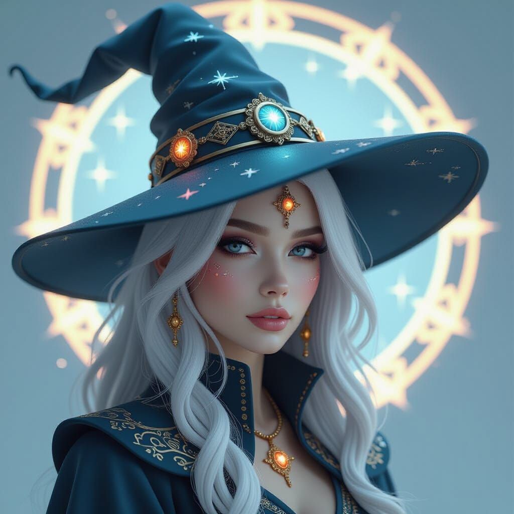 Mystic Sorceress with Glowing Runes and Celestial Motifs
