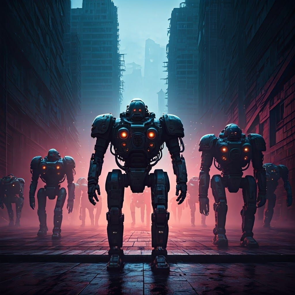 Robots Emerge from Dystopian Cityscape