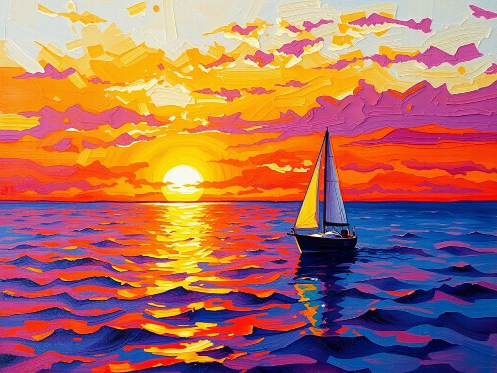 Vibrant Sunset over Ocean in Expressive Neo-Impressionist St...