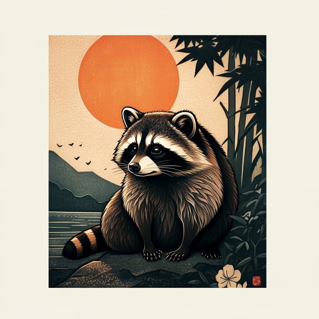 japanese woodcut inspired raccoon basking in the sun. tattoo...