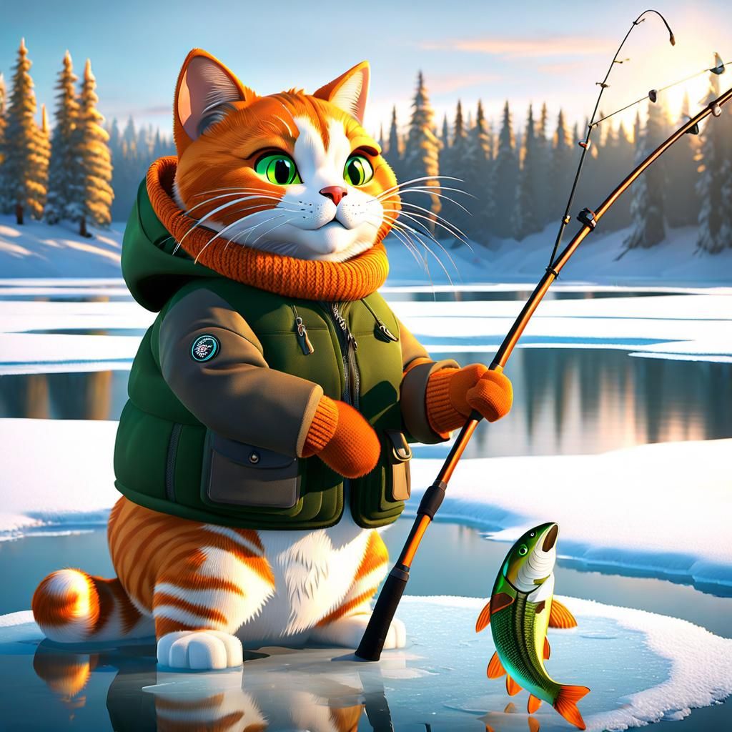 Excited Cat Ice Fishing in Winter Sunset