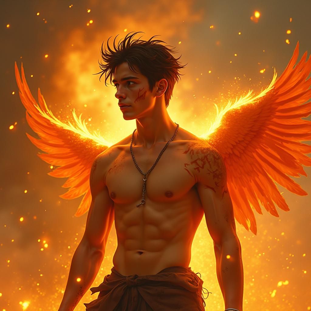 Phoenix Hybrid in Fiery Landscape, Digital Art