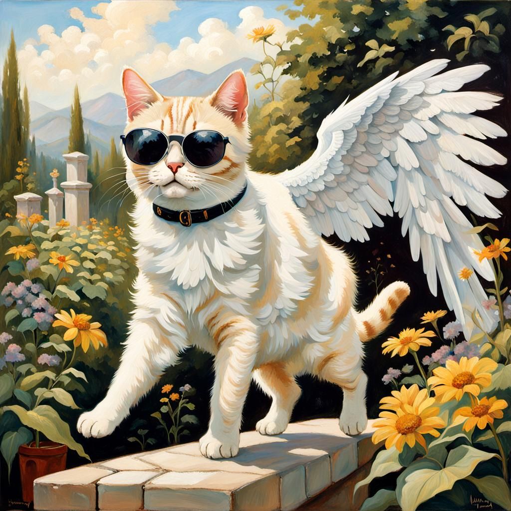 Winged Cat in Mystical Garden, Oil Painting Style