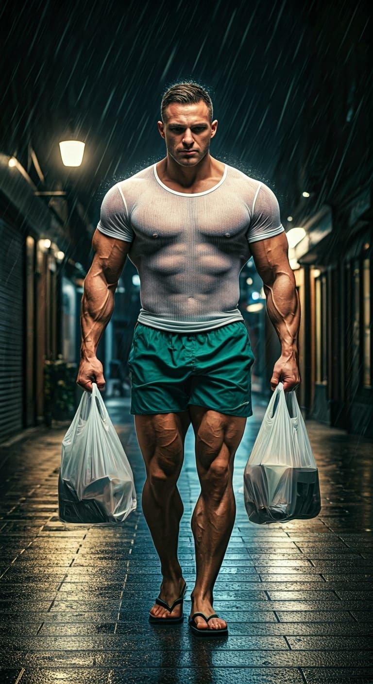 Hyper-Muscular Man Walks in Summer Rain