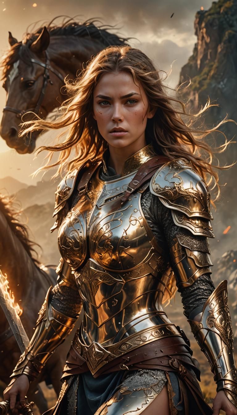 Warrior Woman Charges into Battle: Hyper-Realistic Digital A...