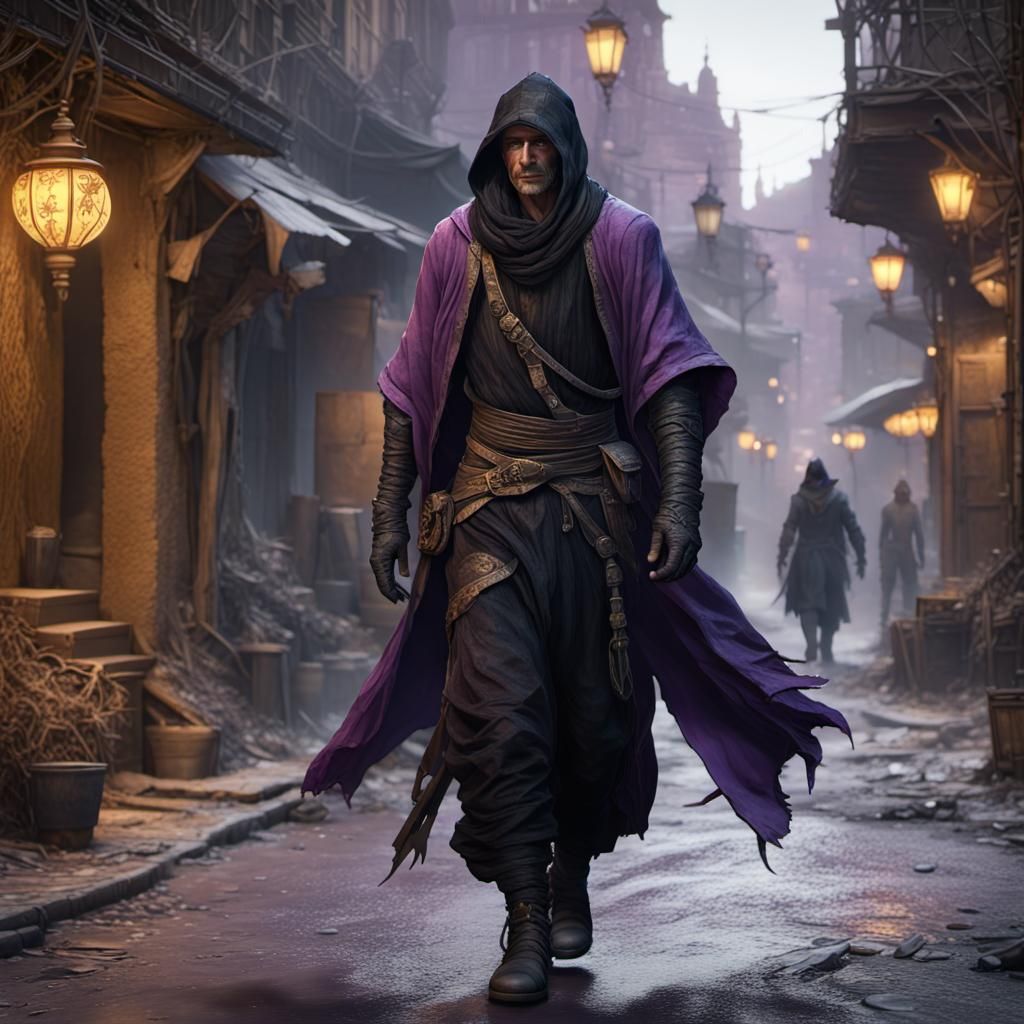 Dark Fantasy Spy Walking Sun-Baked Streets