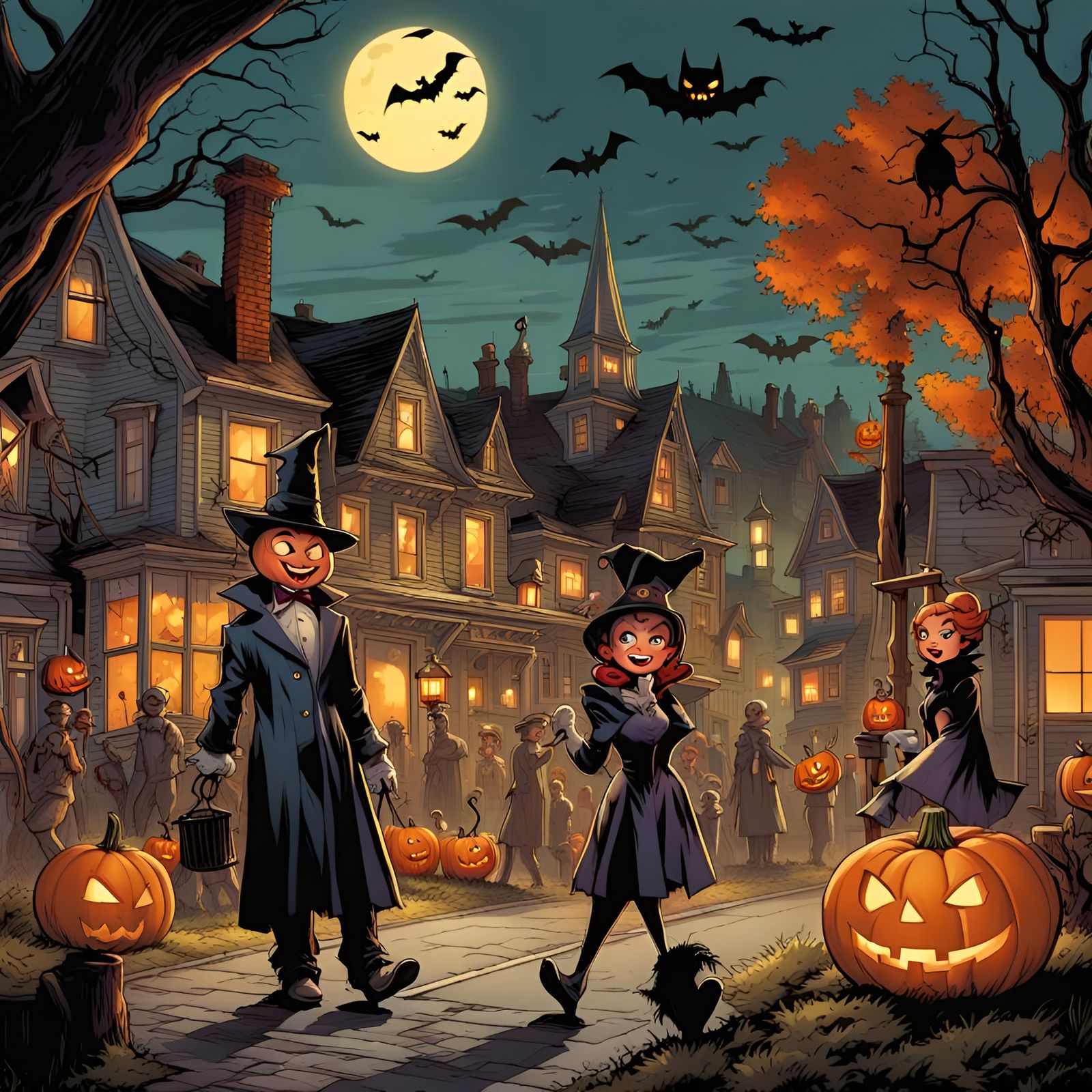 1950s Halloween Town Party in Comic Book Style