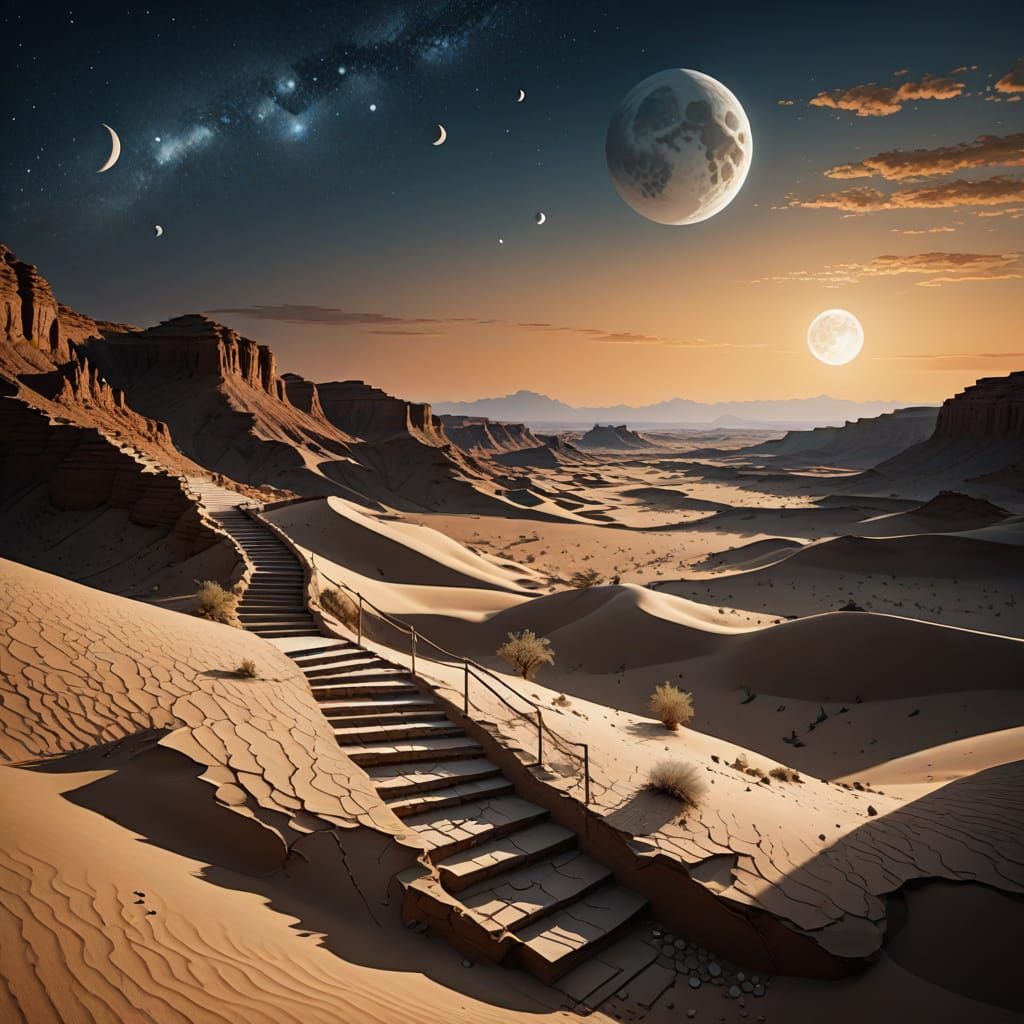 Dreamlike Porcelain Desert Landscape with Two Moons