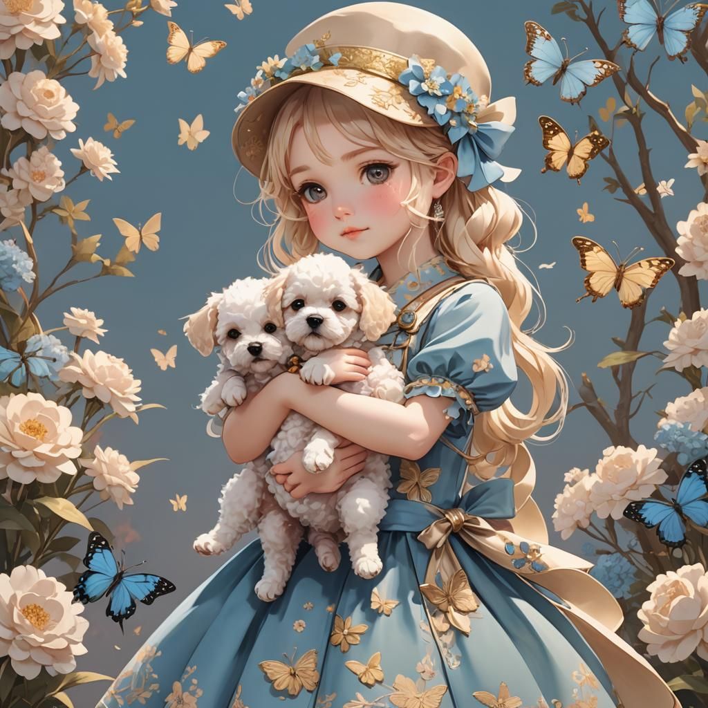Anime-Inspired Girl with Puppy in Pastel Colors