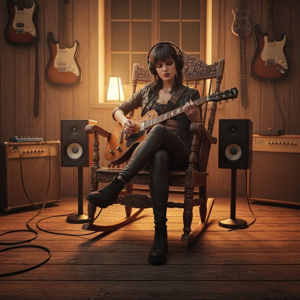 Punk Woman Playing Guitar in Ornate Rocking Chair