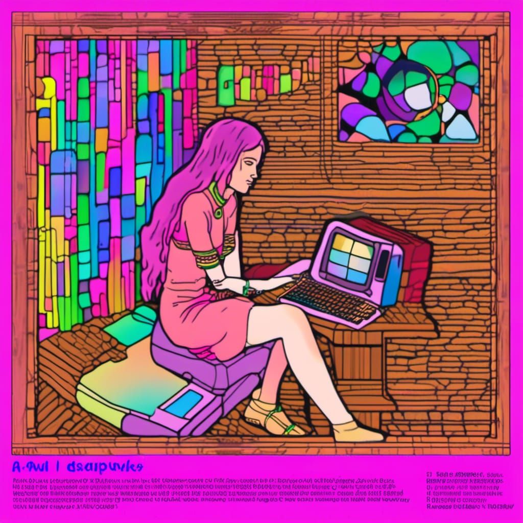 Psychedelic DTM vaporwave poster for error 404 - hello to reality" ;woman that is sitting in front of a computer made of...