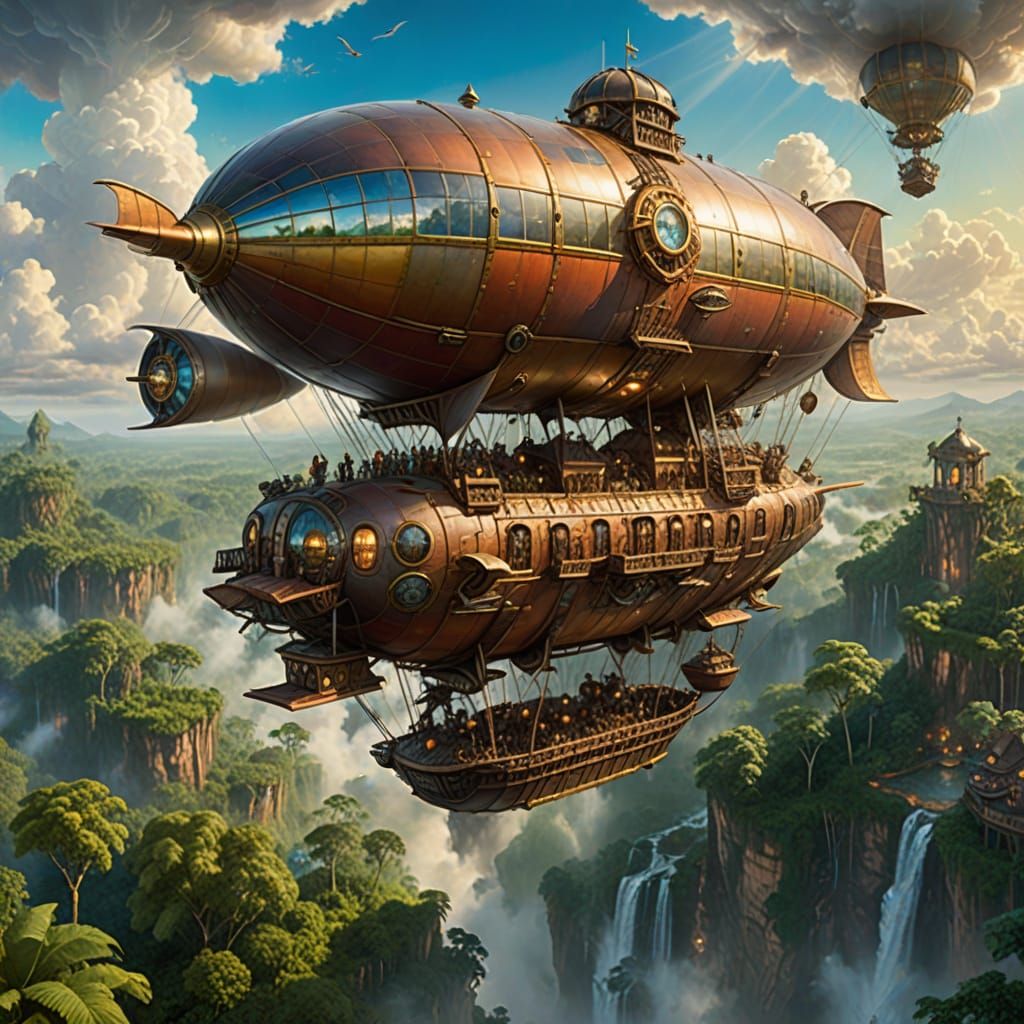 Steampunk Airship Over Amazon Jungle in Fantasy Style
