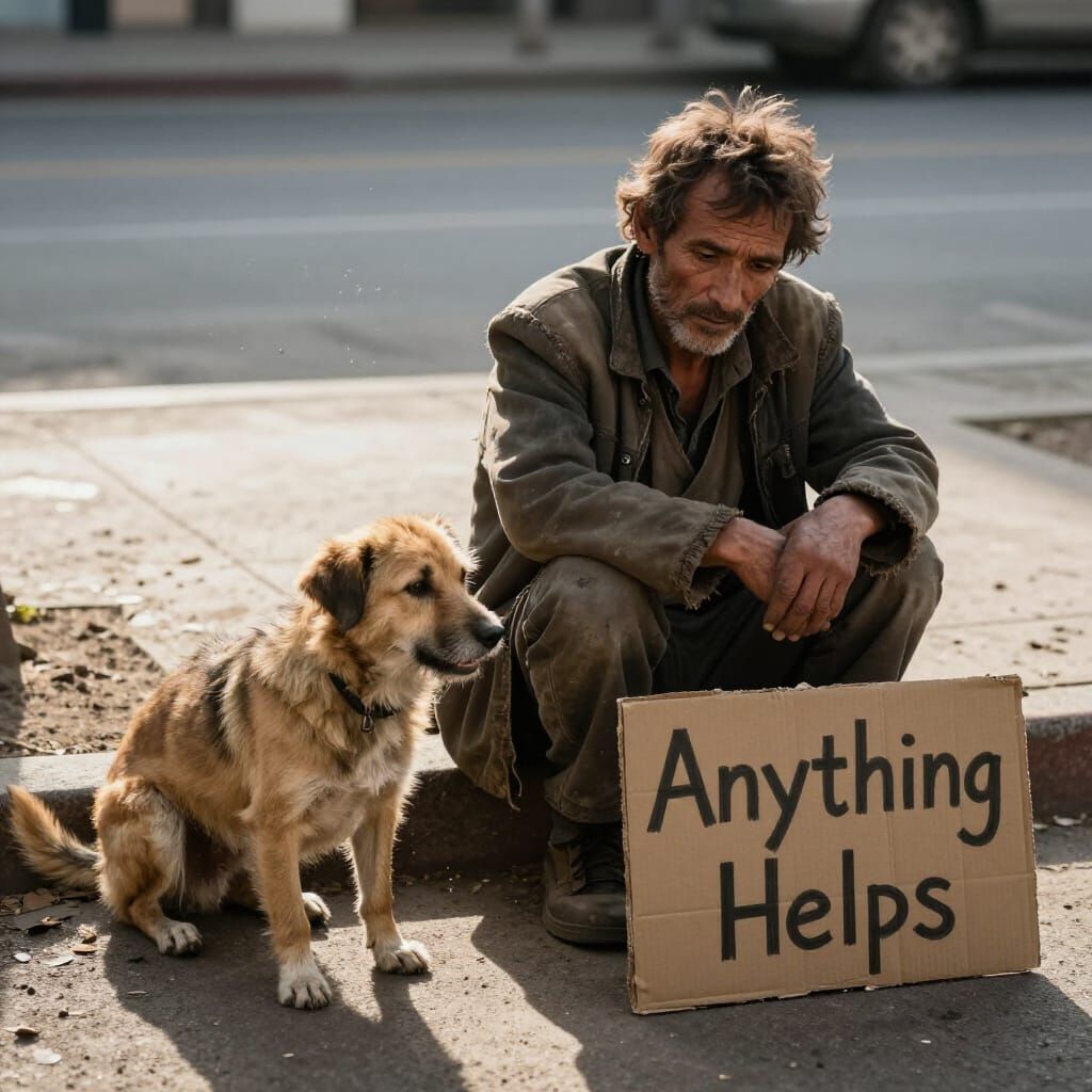 Homeless Man and Dog Seeking Help