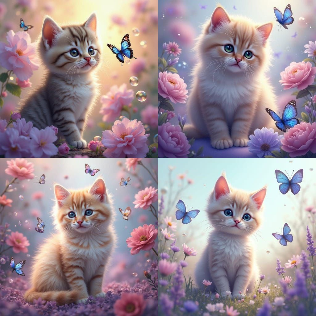 Surreal Violet Cat Amidst Blue Morpho Butterflies in a Vibra...