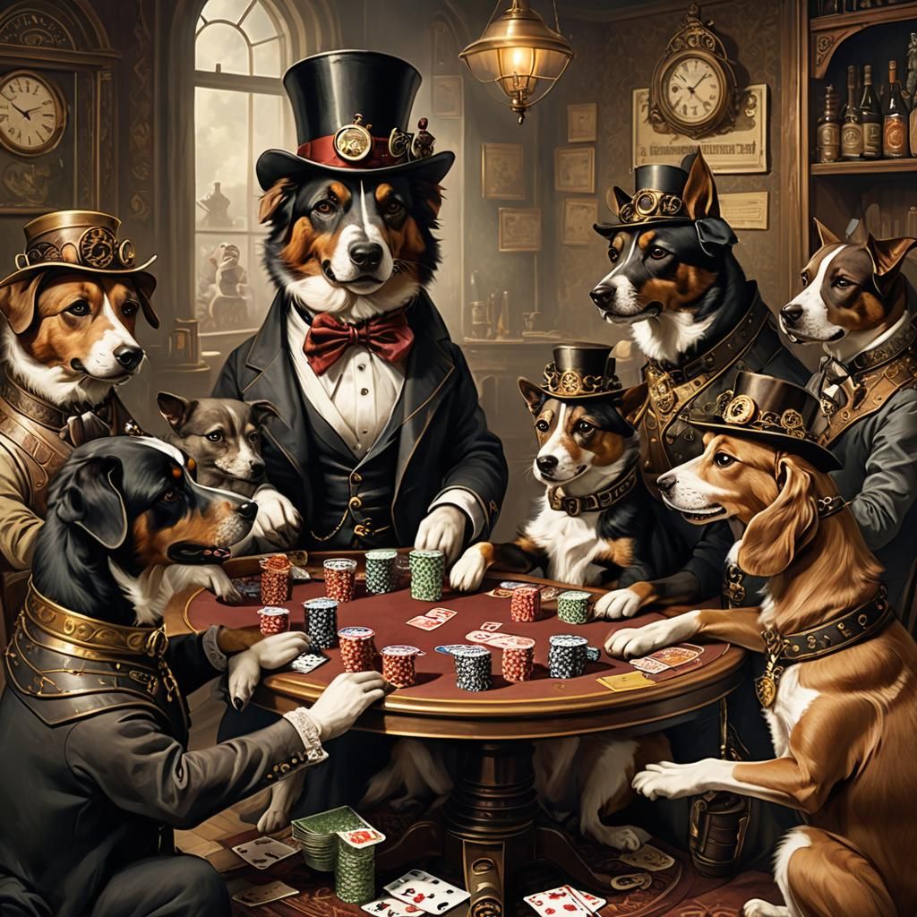 Steampunk Dogs Playing Poker in Victorian Era