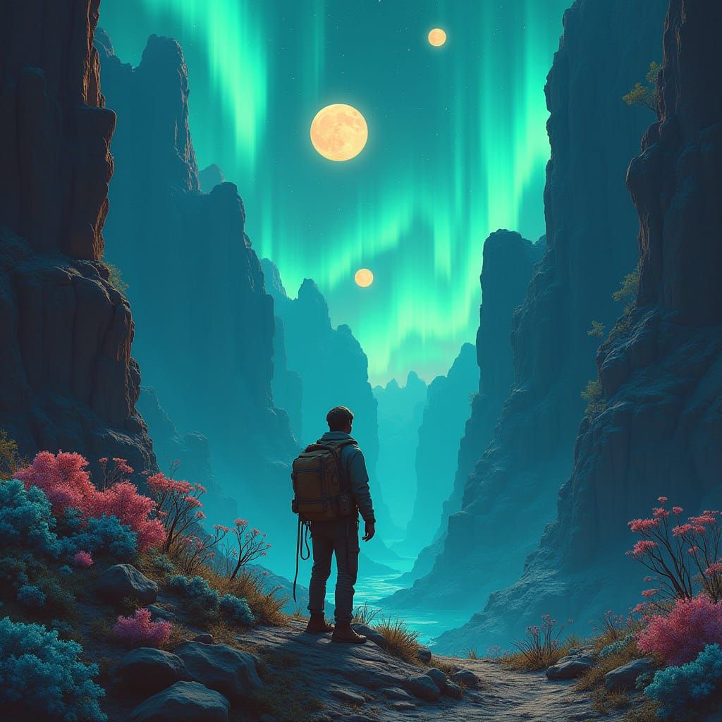 Otherworldly Canyon Vista with Bioluminescent Flora