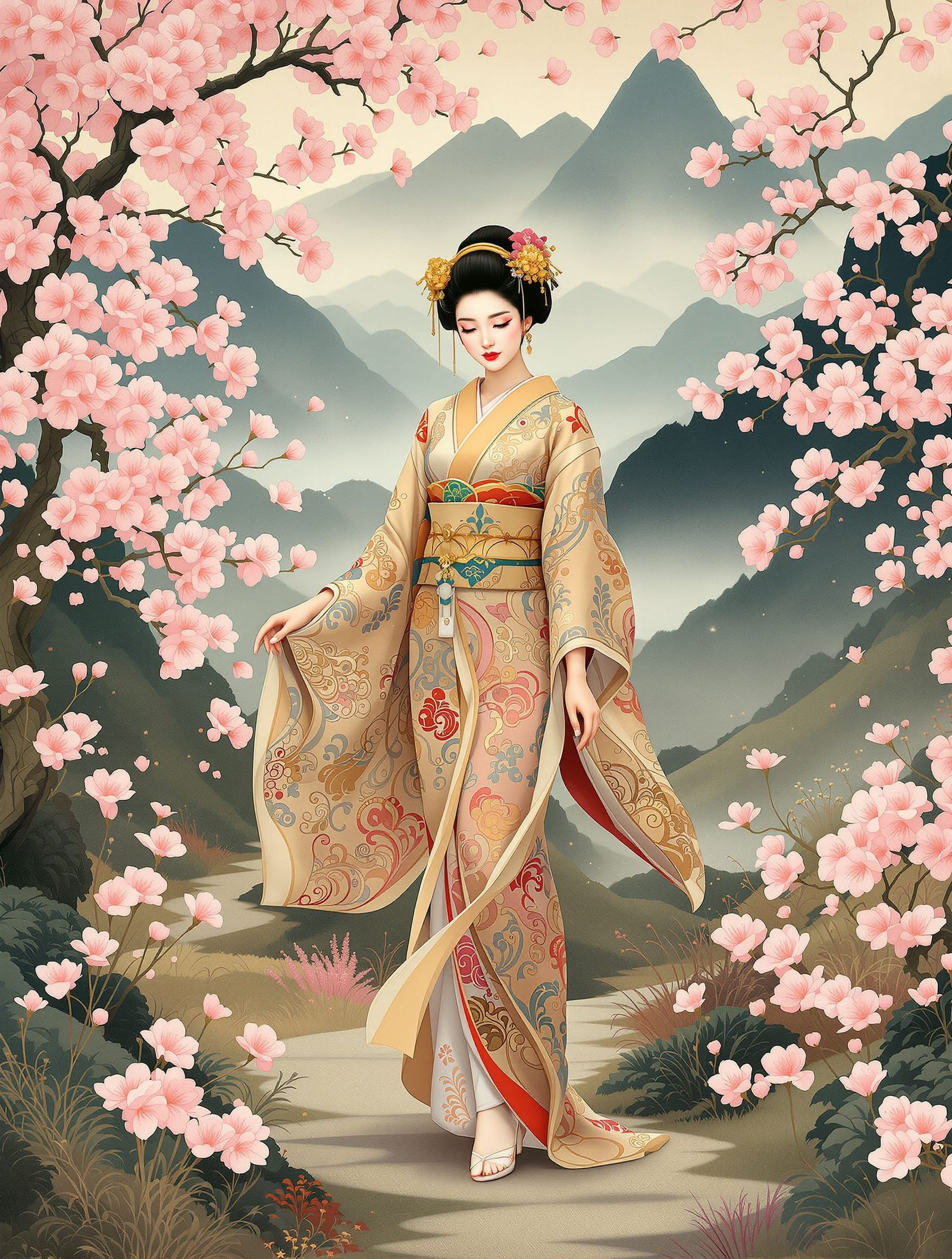 Art Nouveau Geisha in Japanese Countryside