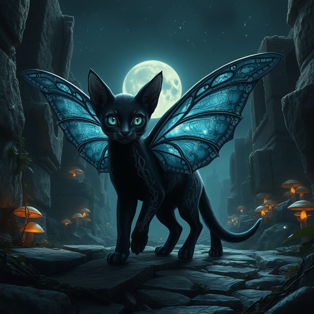 Celestial Feline with Iridescent Wings in Lunar Night