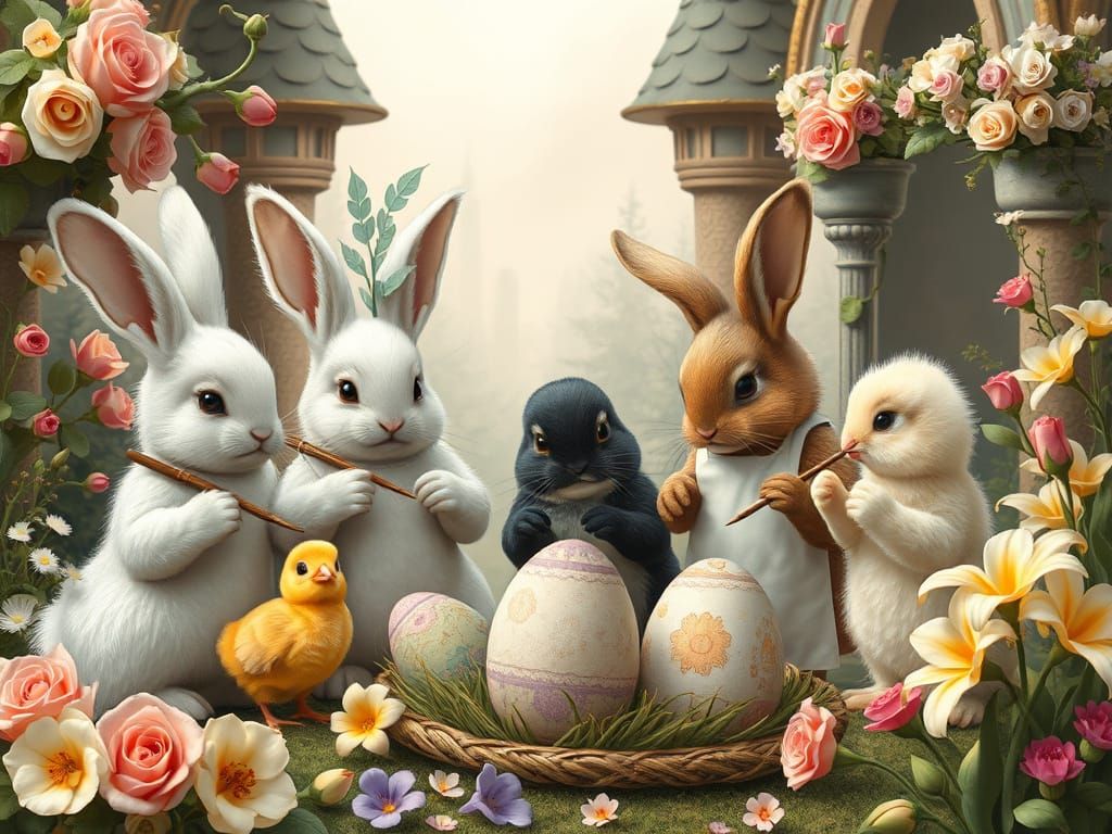 Bunnies Painting Easter Eggs in Whimsical Fairytale Style