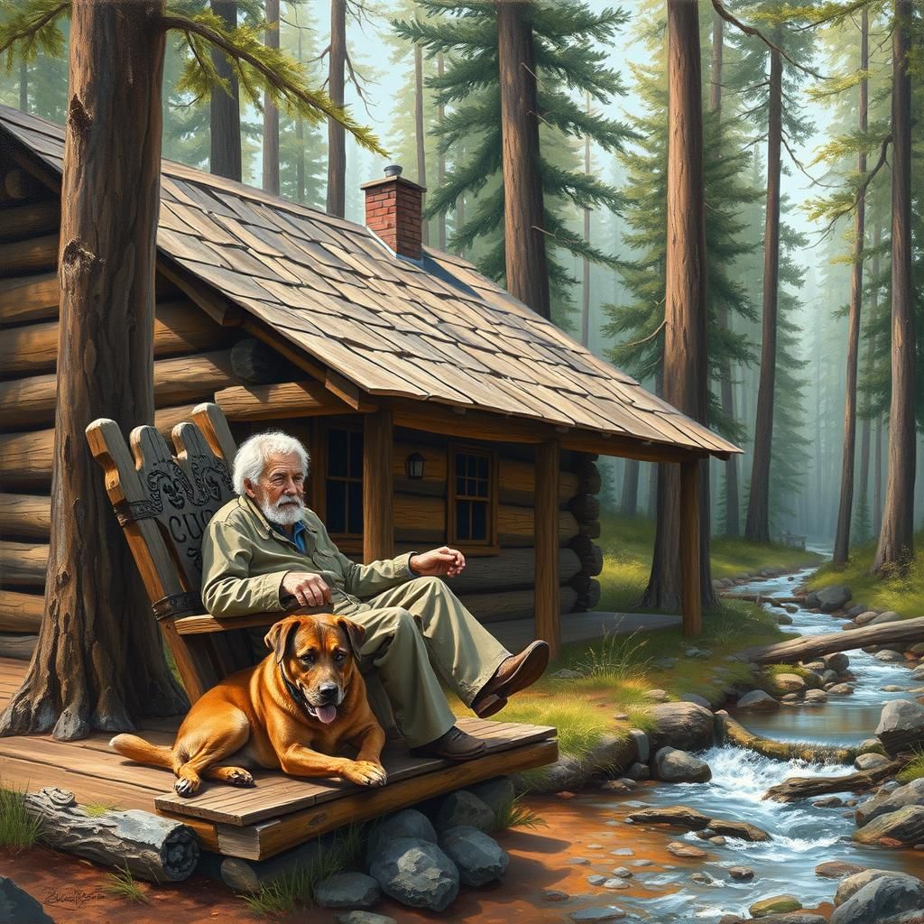 Serene Log Cabin in Woods, Oil Painting Style
