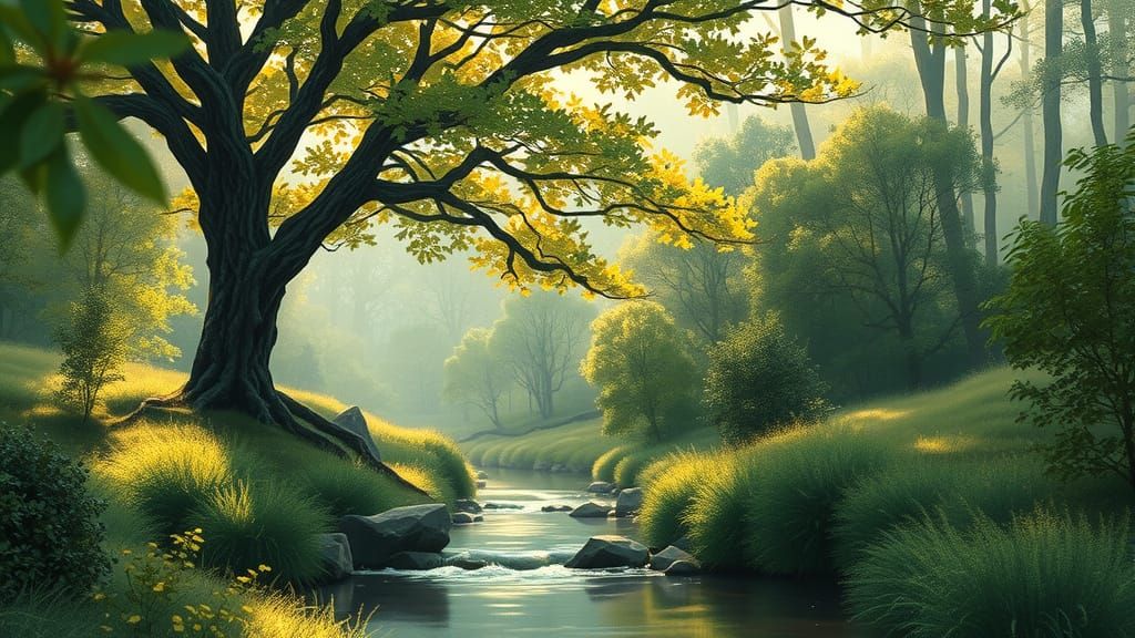 Serene Forest Scene in Soft Impressionist Style