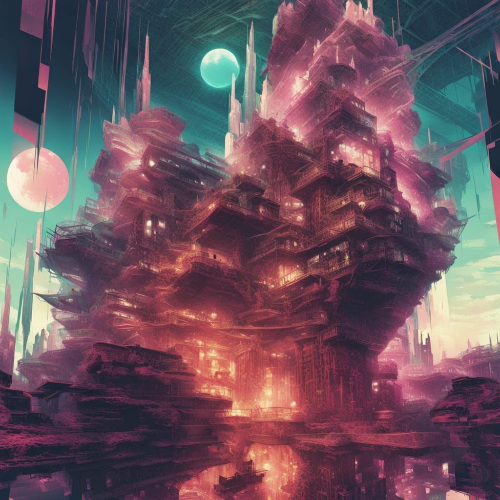 Surreal Magical Dystopia in Glitchcore Style