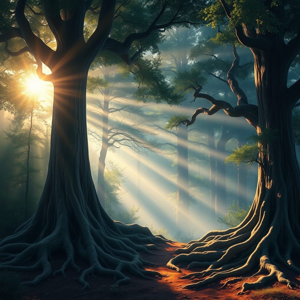 Enchanting Forest Landscape with Sun-Dappled Foggy Canopy