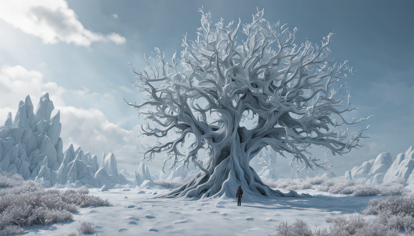 Lone Figure in Frozen Landscape Hyperrealistic Art