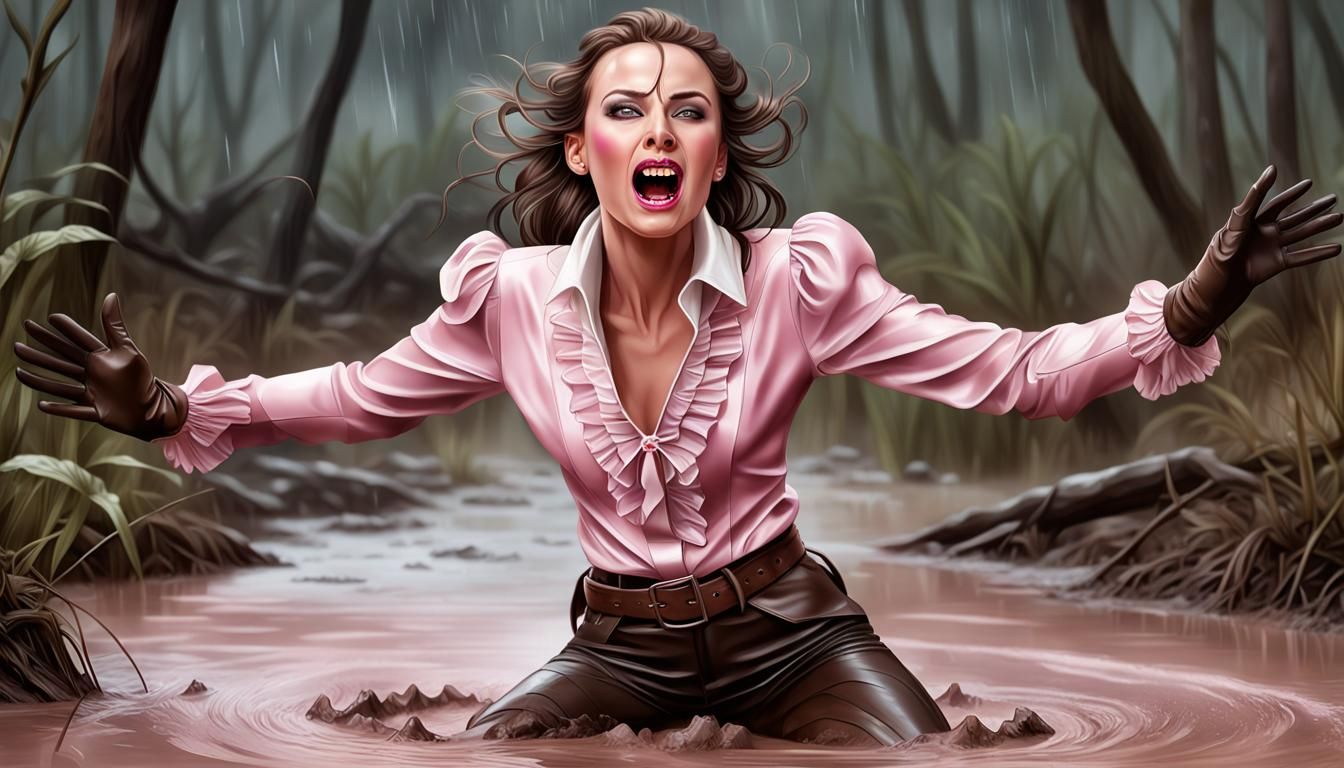 Woman Sinking in Quicksand: Hyperrealistic Splash Art