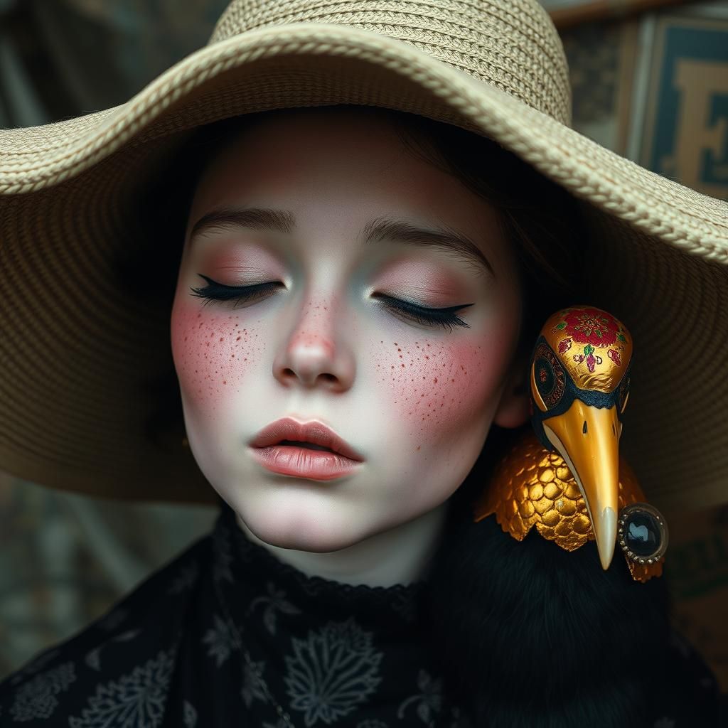 Ethereal Woman with Gold Bird and Floral Face Paint