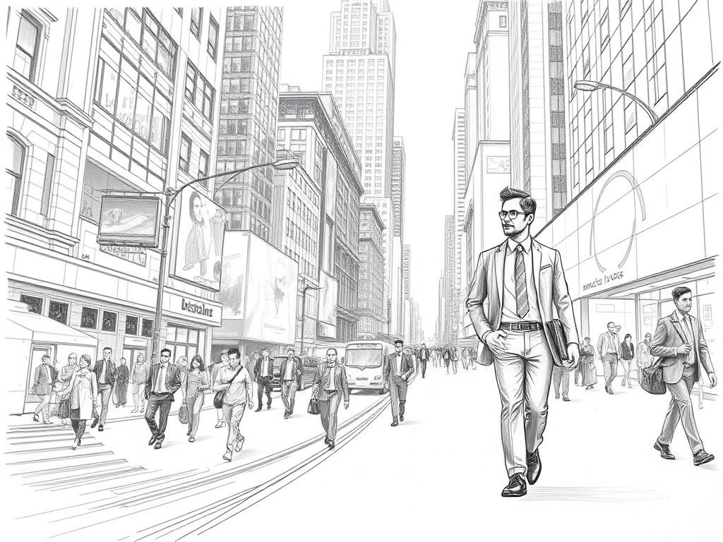 Pencil Sketch Man Blends into Real City