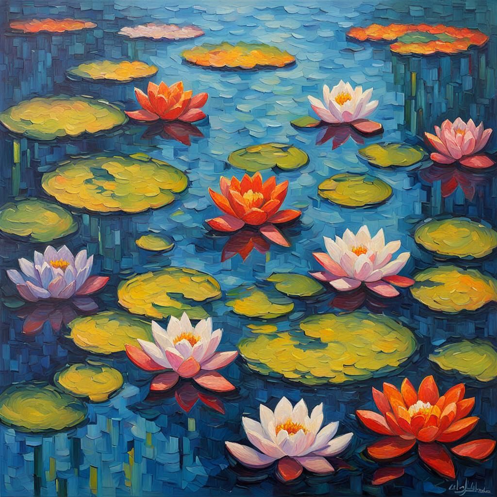 Water Lilies in Expressionist Impasto Style