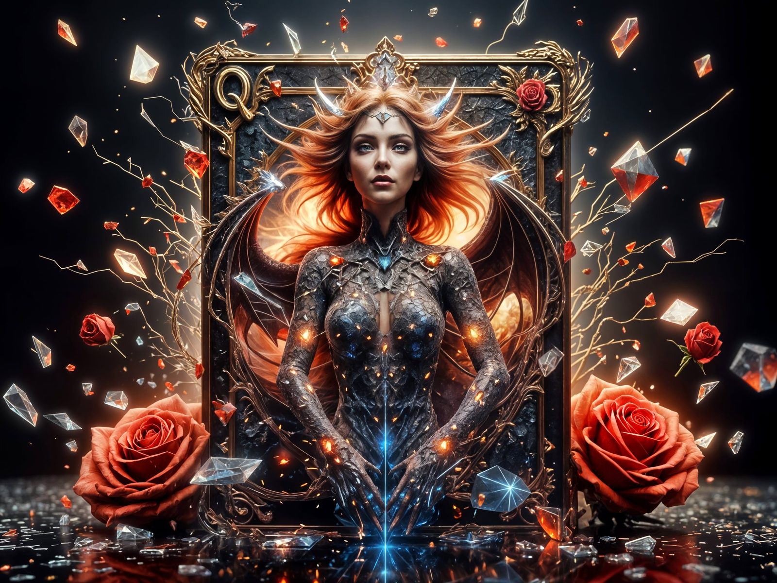 Holographic FemDragon Emerges from Queen of Diamonds Card