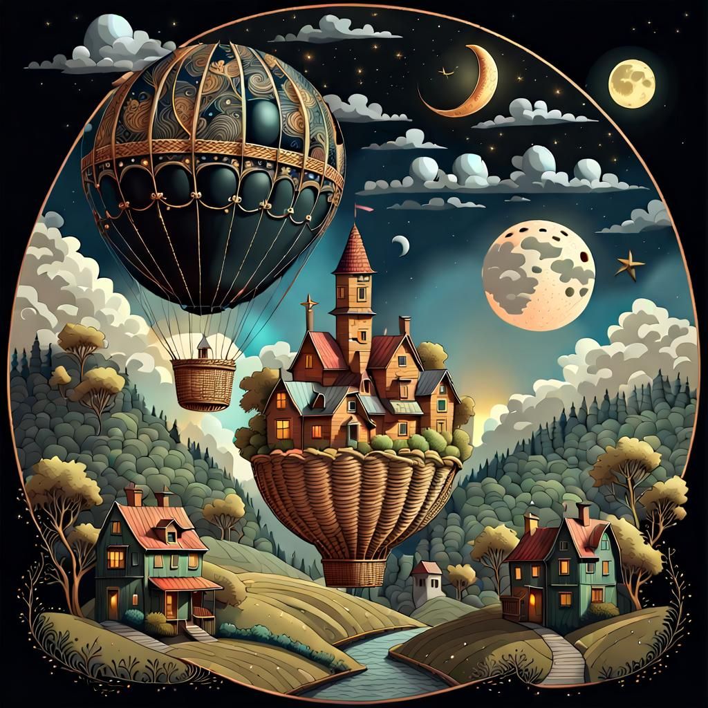 Balloon Moon Graphic Drawing in Folk Art Style