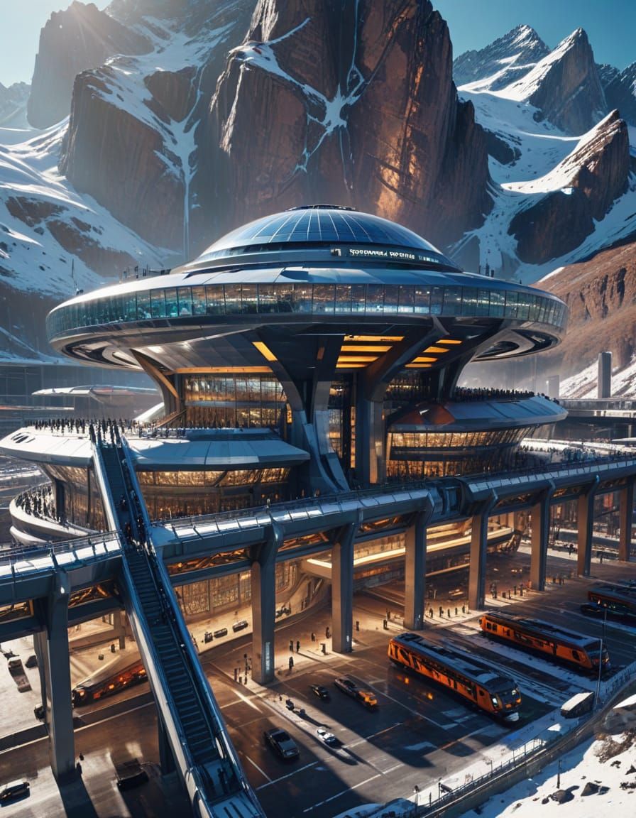 Futuristic Mountain Transit Hub in Expressionist Style