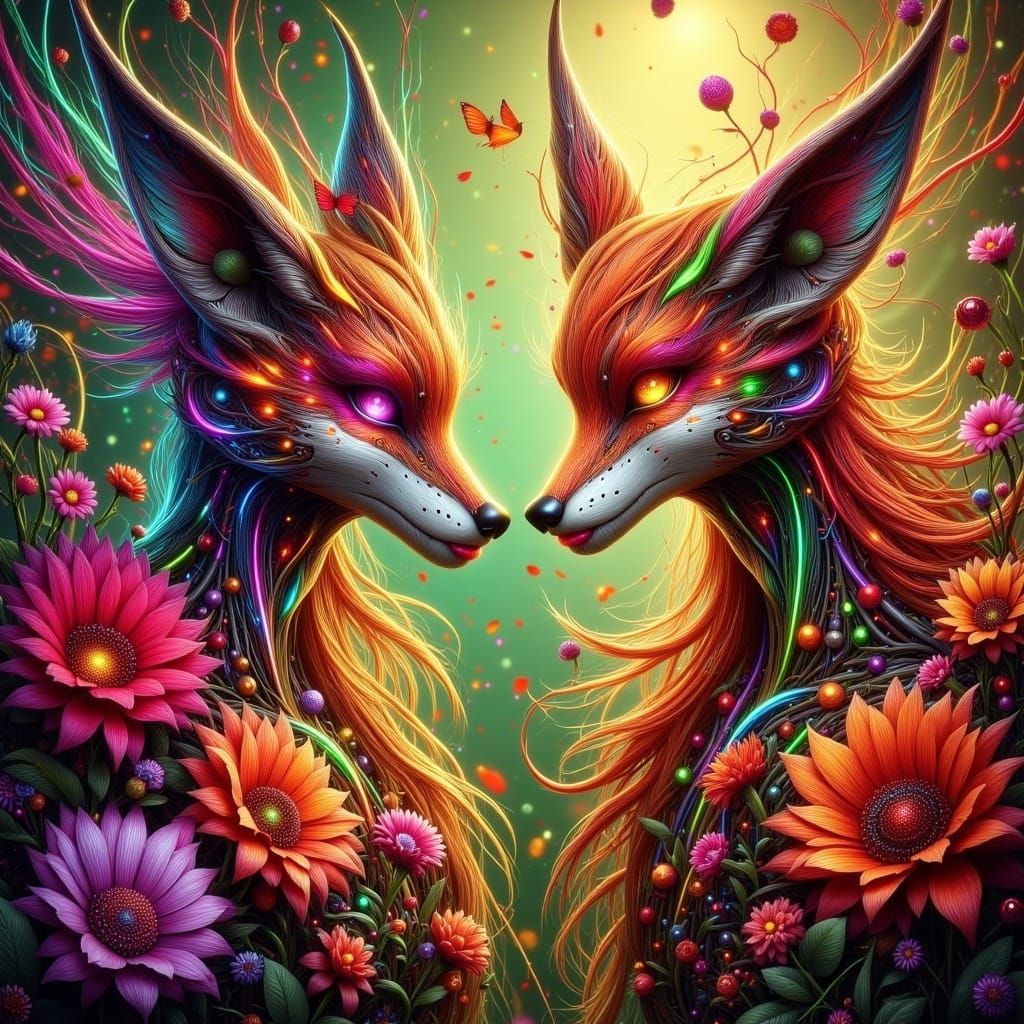 Colorful Foxes and Flowers in Neo-Gothic Style