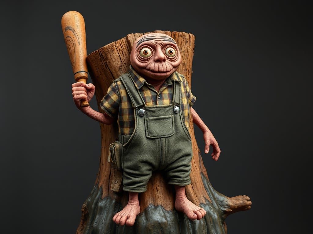 Wooden Log Creature Wields Baseball Bat in Hyperrealistic Ar...