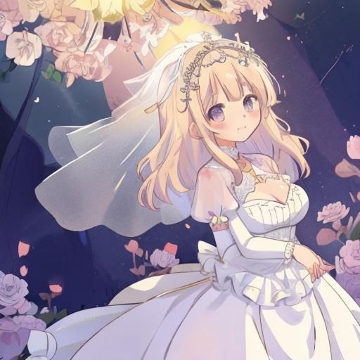 Anime girl, bride, wedding dress, beautiful, ama rorita fashion, kawaii, cute, cel-shaded, hyperdetailed, intricately de...
