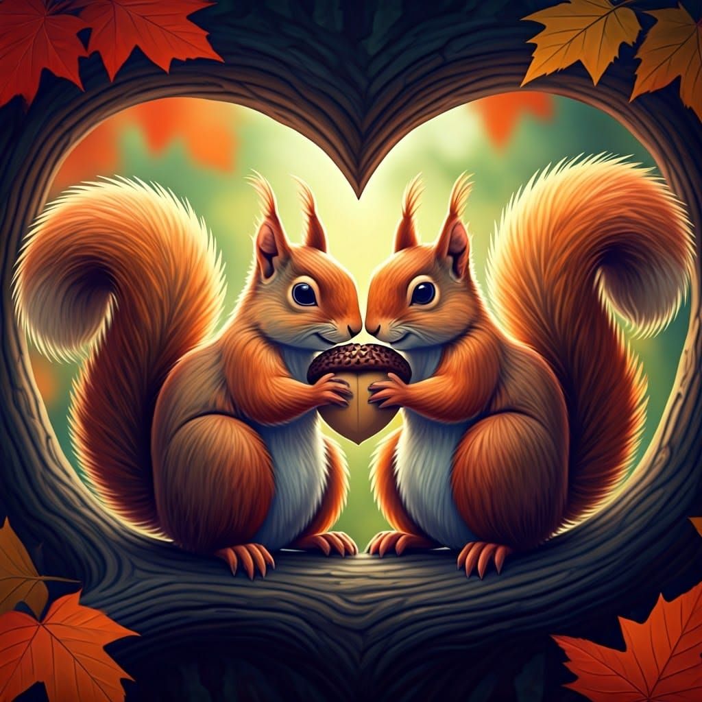 Adorable Cartoon Squirrels Share Heart-Shaped Nut in Autumn
