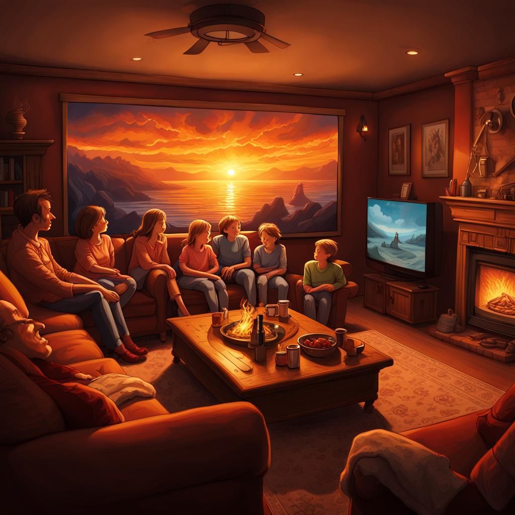Family Watching Bonfire on TV at Sunset