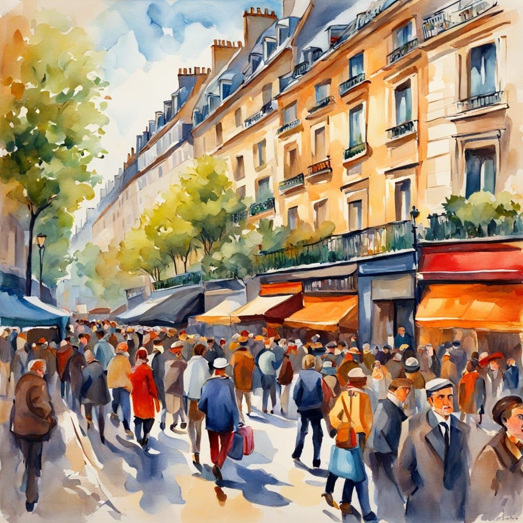 Whimsical Parisian Street Scene in Gouache Style