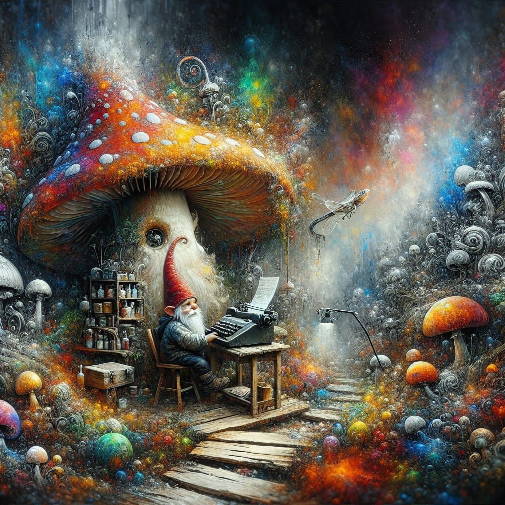 A gnome is sending a telex from his telegraph office in his underground mushroom house II