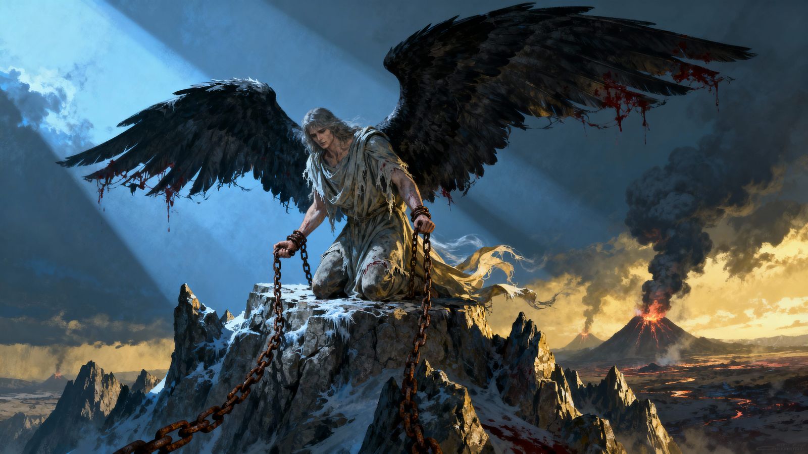 Fallen Angel Kneels on Apocalyptic Peak