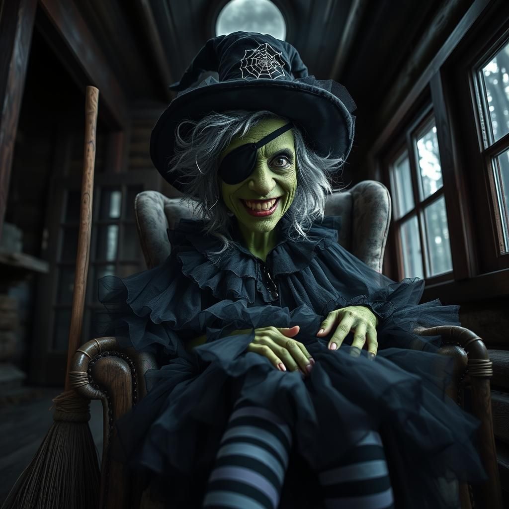 Evil Witch with Green Skin in Cabin